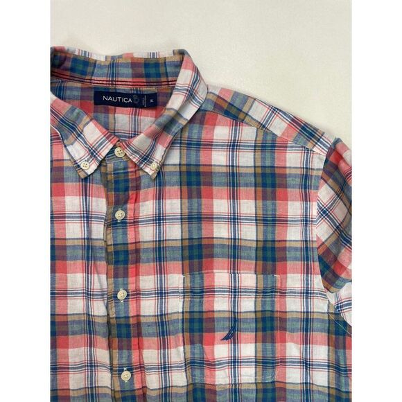 NAUTICA Plaid Linen Blend Button Up Shirt Men XL Multicolor Short Sleeve - Picture 2 of 6